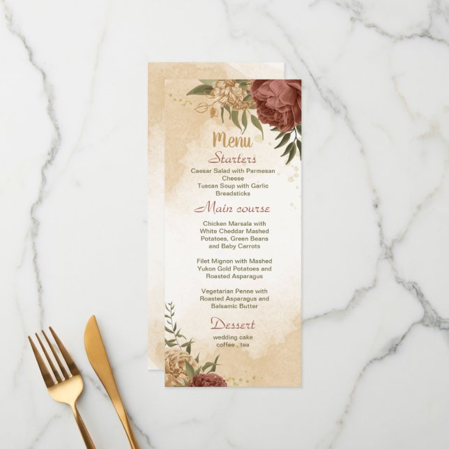 Terracotta-jordtonston blommigt greenery bröllop meny (Fram/Back In Situ)