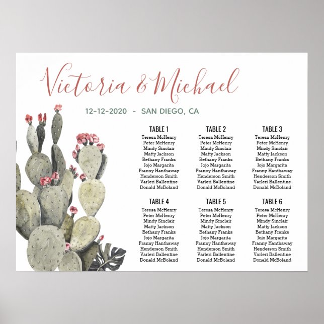 Terracotta Khaki Cactus Mexican Seating Chart Poster (Framsidan)