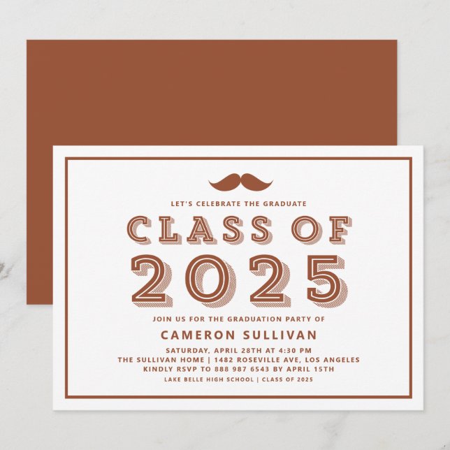 Terracotta klass 2025 Mustache Retro Studenten Inbjudningar (Fram/baksida)