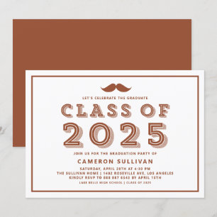 Terracotta klass 2025 Mustache Retro Studenten Inbjudningar