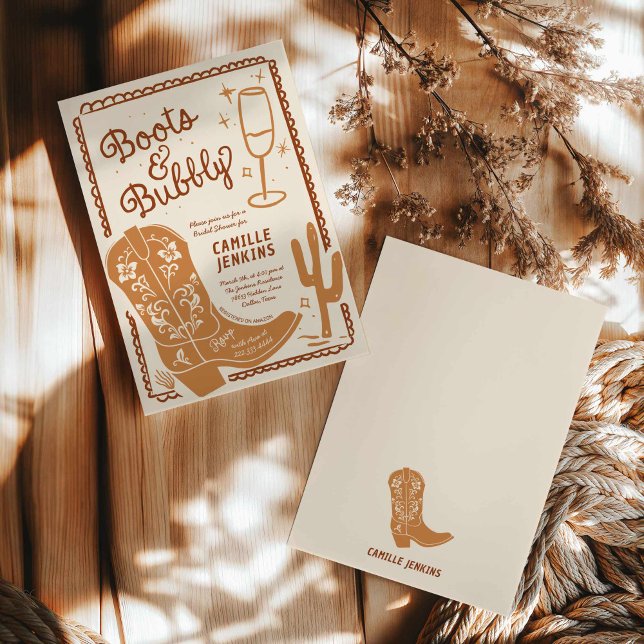Terracotta Land Möhippa Brunch Inbjudningar (Western Boots and Bubbly Bridal Shower Invite)
