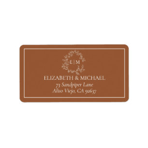 Terracotta Leafy Vapensköld Monogram Bröllop Adres Adressetikett