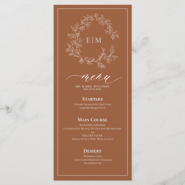Terracotta Leafy Vapensköld Monogram Bröllop Menu Meny (Framsida)