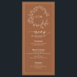 Terracotta Leafy Vapensköld Monogram Bröllop Menu Meny<br><div class="desc">Skapa perfektens mottagningsinställning! Vi älskar den här Terracotta Leafy Vapensköld Monogram Bröllop 4"x 9"-menyn! Enkelt, elegant och åh-så-söt, det har en hand plockade-läskig krans som omger ett modernt bröllop monogram. Det är personlig i elegantens typografi och accentuerad med handskriven kalligrafi. Slutligen trimmas det i ett känsligt ram. Kontaktdesigner för matchande...</div>