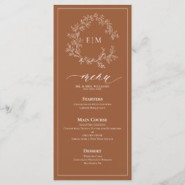 Terracotta Leafy Vapensköld Monogram Bröllop Menu Meny