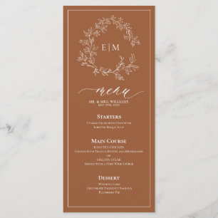 Terracotta Leafy Vapensköld Monogram Bröllop Menu Meny