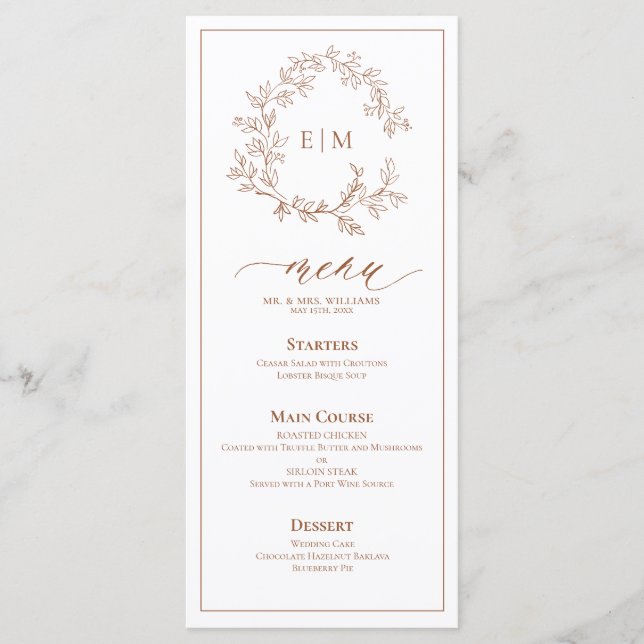 Terracotta Leafy Vapensköld Monogram Bröllop Menu Meny (Framsida)