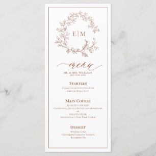 Terracotta Leafy Vapensköld Monogram Bröllop Menu Meny