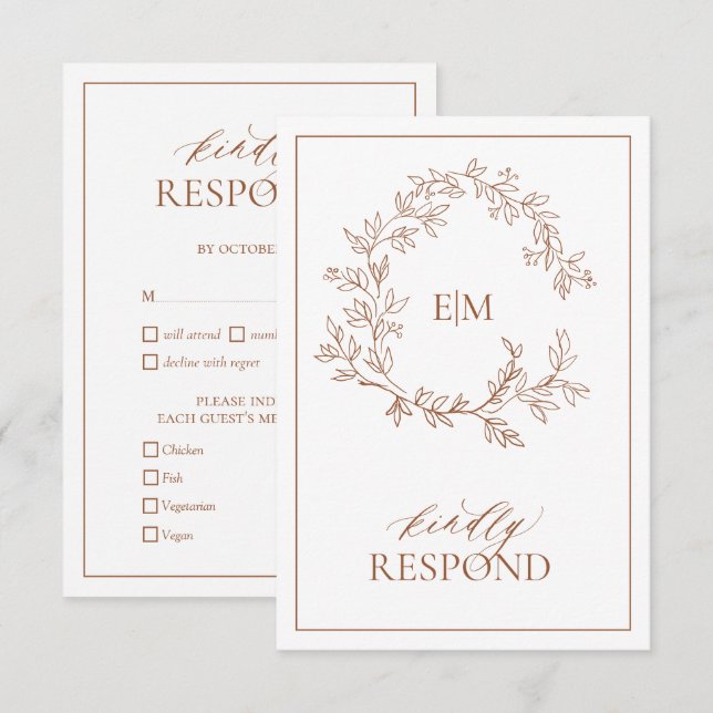 Terracotta Leafy Vapensköld Monogram Bröllop OSA C Kort (Fram/baksida)