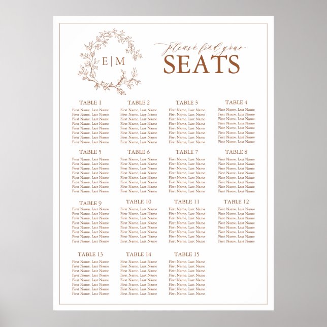 Terracotta Leafy Vapensköld Monogram Bröllop Seati Poster (Framsidan)