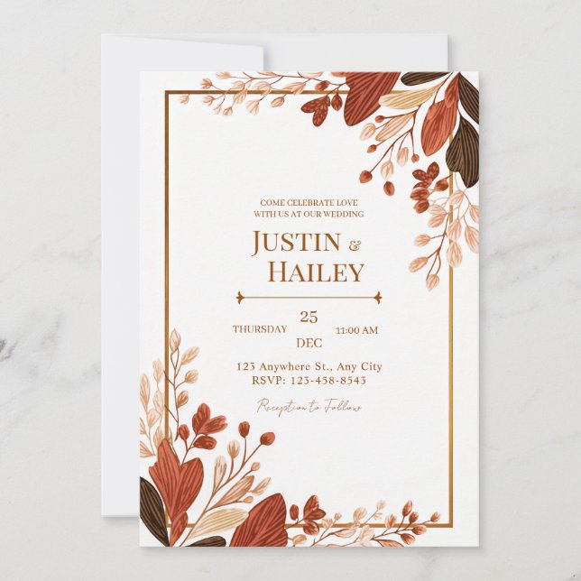 Terracotta Line Leaf Gilded Botanical Wedding Inbjudningar (Framsida)
