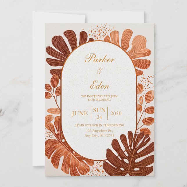 Terracotta Line Monstera Gold Arch Wedding Inbjudningar (Framsida)