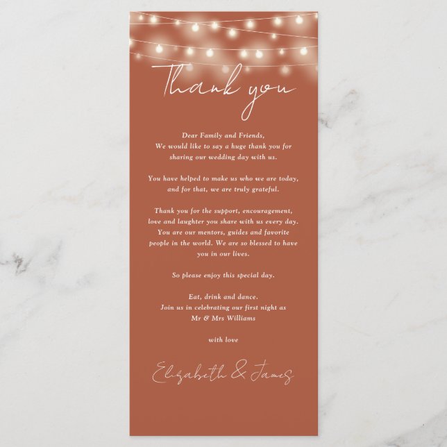 Terracotta Ljus Bröllop Tack ortkort Meny (Framsida)