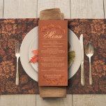 Terracotta Löv Elegant Rustic Bröllop Meny<br><div class="desc">Den här vackra bröllop-menyn har en strålande terracotta-bakgrund, ett skript med kalligraftitel och löv med handmålad vattenfärg på både överst och grund. Texten är helt och hållet anpassade med utrymme för parets namn & bröllop-datum i grund. Elegant, snyggt och chic, det här kortet är ett underbart sätt att lägga till...</div>