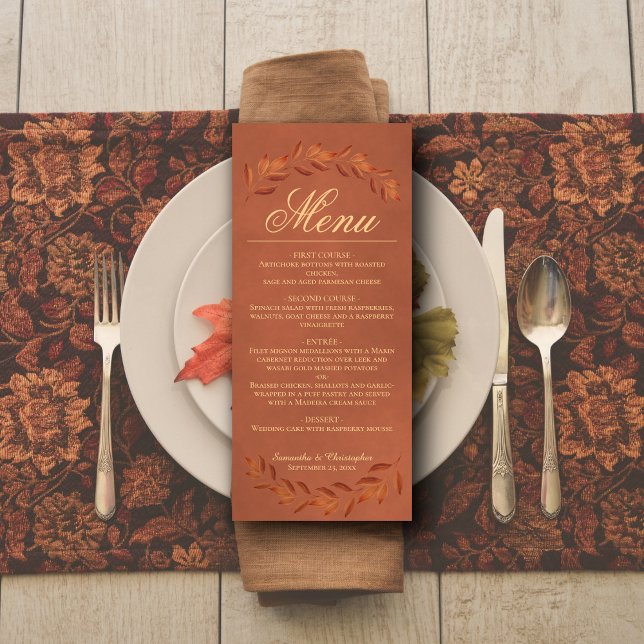 Terracotta Löv Elegant Rustic Bröllop Meny (In Situ on Plate)