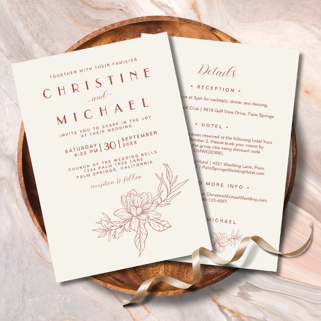 Terracotta Magnolia Elegant Allt-i-ett-Bröllop Inbjudningar (Terracotta Magnolia Elegant Floral Budget All-In-One Wedding Invitation with Details on Back.)