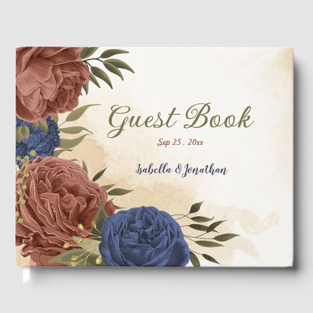 Terracotta marinblått blommigt bröllop gästböcker (Framsida)