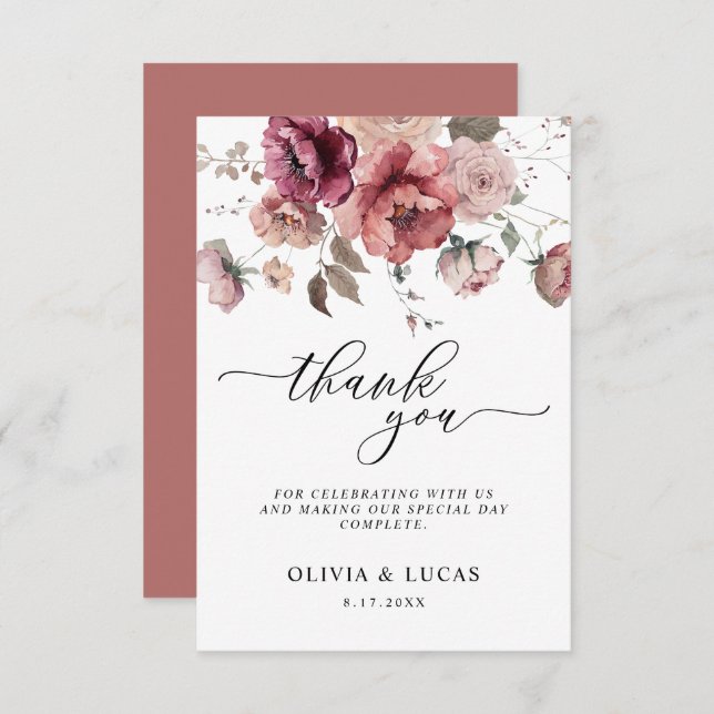 Terracotta Marsala Burgundy Blommigt Fall Wedding Tack Kort (Fram/baksida)