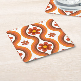 Terracotta Mid Century Modern Blommigt Rainbow Ret Underlägg Papper Kvadrat