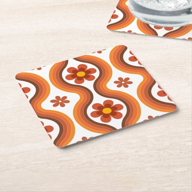Terracotta Mid Century Modern Blommigt Rainbow Ret Underlägg Papper Kvadrat (Vinklad)