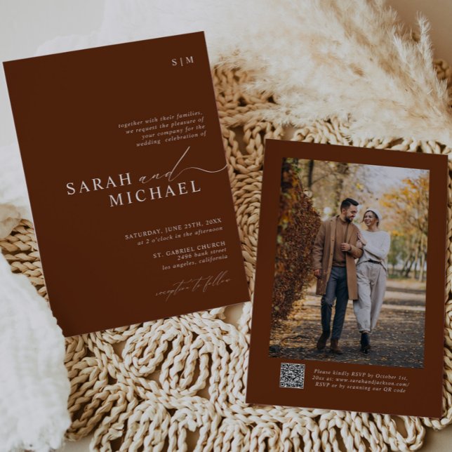 Terracotta Minimal Modern Script QR-kod Bröllop Inbjudningar (Skapare uppladdad)