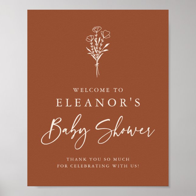 Terracotta Minimalist Blommigt Bouquet Baby Shower Poster (Framsidan)