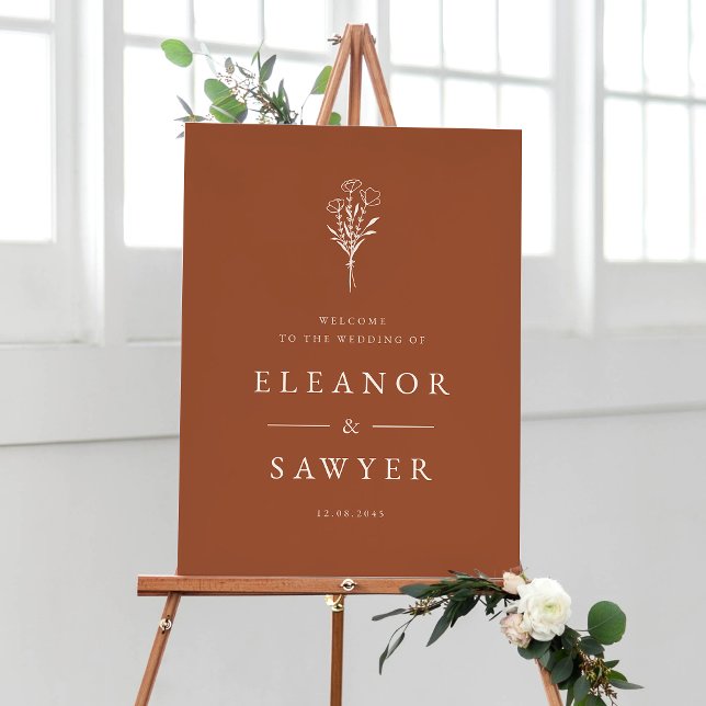 Terracotta Minimalist Blommigt Bouquet Bröllop Pos Poster (Customizable terracotta wedding sign featuring minimalist floral bouquet. Available in other colors )