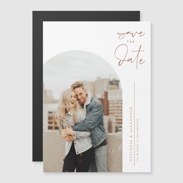 Terracotta Minimalist Calligraphy Save the Date Magnetisk Inbjudningskort (Fram/baksida)