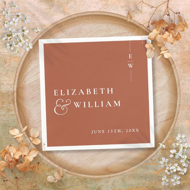 Terracotta Minimalist Elegant Monogram Bröllop Pappersservett (Terracotta Minimalist Elegant Monogram Wedding Napkins)