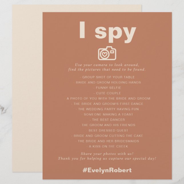 Terracotta Minimalist Formel I Spy Bröllop Game (Fram/baksida)