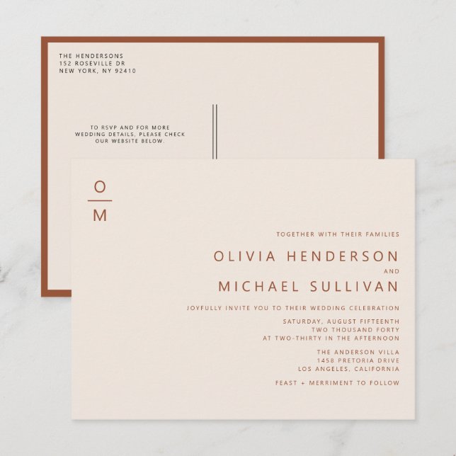 Terracotta Minimalist Monogram QR-kod Bröllop Inbjudan Vykort (Fram/baksida)