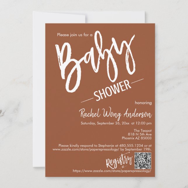 Terracotta Minimalist Script Baby Shower QR-kod Inbjudningar (Framsida)