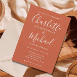 Terracotta Minimalist Script Wedding-inbjudan Inbjudningar<br><div class="desc">Den här inbjudan från elegant bröllop kan vara personlig med dina uppgifter i chic,  vit text på en terracotta-bakgrund. Den innehåller information om att du har namnteckning stil namn. Du kan anpassa bakgrunden till färg för att matcha bröllop-temat. Designad av Thisisnotme©</div>