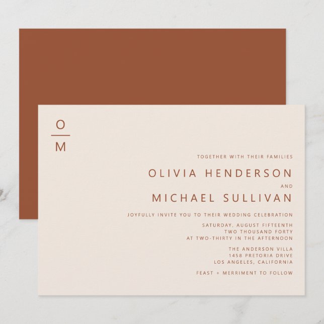 Terracotta Minimalist Typography Monogram Wedding Inbjudningar (Fram/baksida)