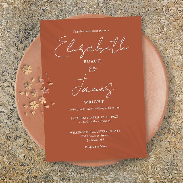 Terracotta minimalistisk elegant script bröllop inbjudningar (Terracotta Minimalist Elegant Script Wedding Invitation)