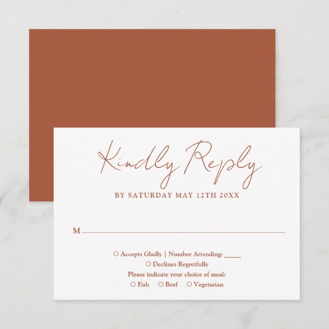 Terracotta minimalistisk elegant script bröllop OSA kort (Fram/baksida)
