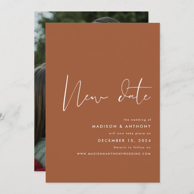Terracotta Minimalistisk Foto Ny Bröllopsdatum  Meddelande (Fram/baksida)