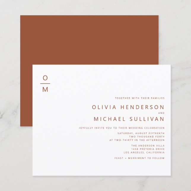 Terracotta Minimalistisk Monogram-inbjudan (Fram/baksida)