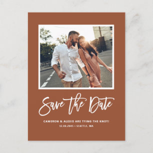 Terracotta Modern Calligraphy Photo Save Date Vykort