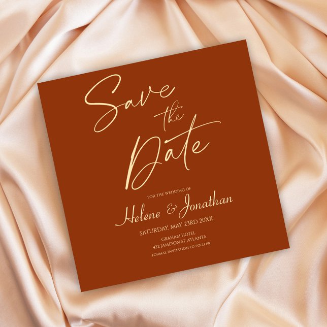 Terracotta Modern Elegant bröllop sparar datumet Inbjudningar (Burnt Orange Modern Terracotta Save The Date Invitation)