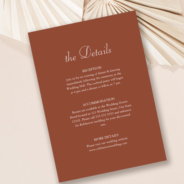 Terracotta Modern Minimalist Bröllop-informationsk Inbjudningar (Terracotta Modern Minimalist Wedding Details Card on light blush background)