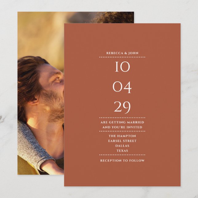 Terracotta Modern Minimalistisk Bröllopsdatum Foto Inbjudningar (Fram/baksida)