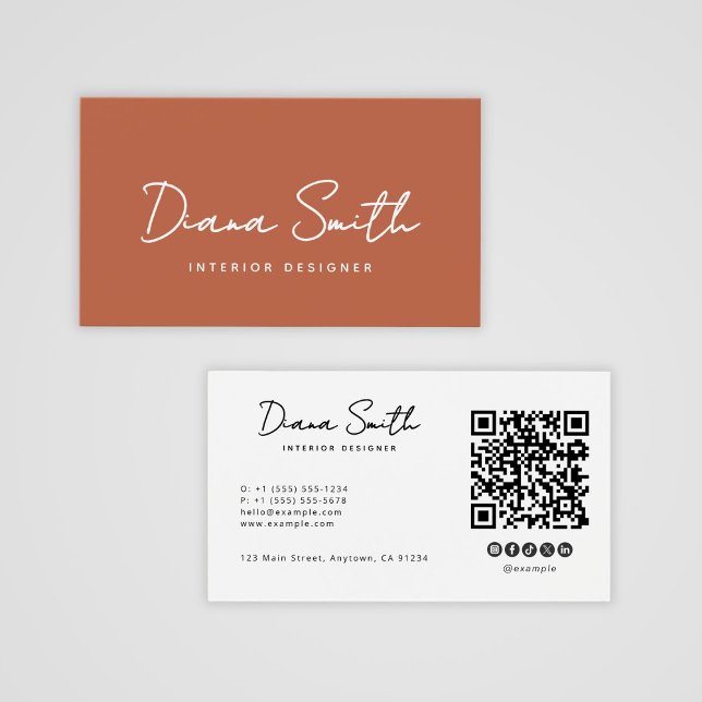 Terracotta Modern minimalistiskt QR-kodprofilkort Visitkort (create your own terracotta personal name profession business card)