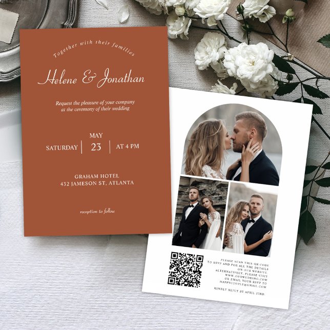 Terracotta Modern QR-kod Photo Elegant bröllop Inbjudningar (Terracotta Modern QR Code Photo Elegant Wedding Invitation)