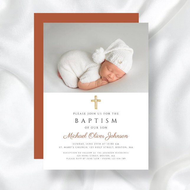 Terracotta Modern Religiösa Kor Photo Baptism Inbjudningar (Terracotta Modern Religious Cross Photo Baptism Invitation)
