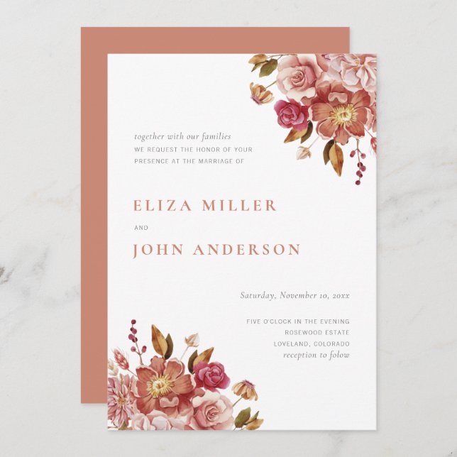Terracotta Modern Rustic Watercolor Blommigt Bröll Inbjudningar (Fram/baksida)