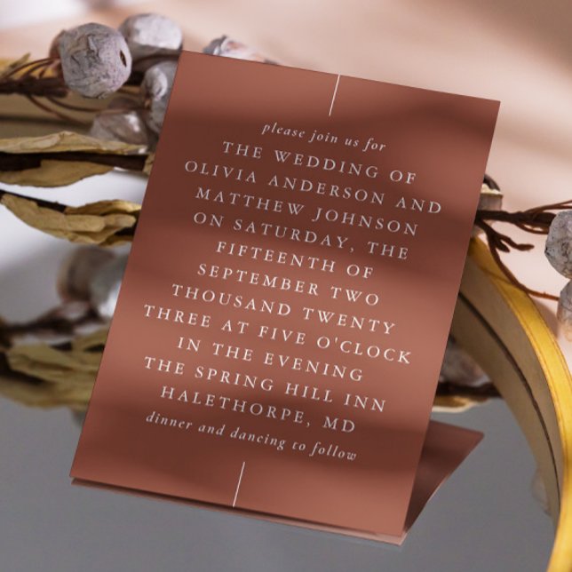Terracotta moderna minimalistiska typografi bröllo inbjudningar (Skapare uppladdad)