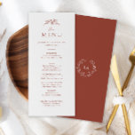 Terracotta Monogram Bröllop Meny<br><div class="desc">Förbättra ditt mottagande med vårt Terracotta Monogram Bröllop-menykort. Med en enkel men sofistikerad design med monogrammet och vilda blommor tillför det här menykortet en aning av tidlöst skönhet till din matta. Följ dina gäster genom en minnesvärd kulinarisk upplevelse med det här tillägget till eleganten.</div>