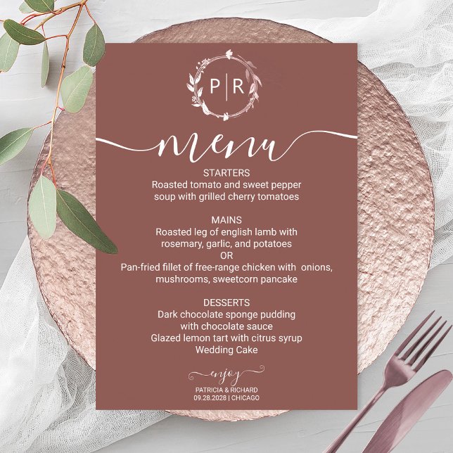 Terracotta Monogram Photo Bröllop Menu Card Inbjudningar (Skapare uppladdad)