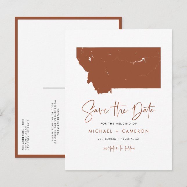 Terracotta Montana State Karta QR Code Save Date Meddelande Vykort (Fram/baksida)